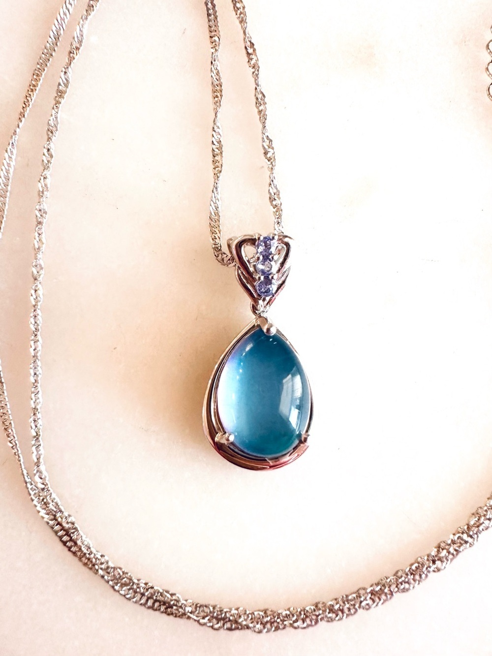 Aurora Moonstone with Blue Tanzanite Sterling Silver Pendant with Chain Necklace - Picture 6 of 16